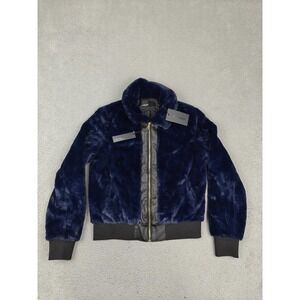 AVA KRIS Janie Bomber Jacket Womens Small Blue Faux Fur Zip Lined Collared